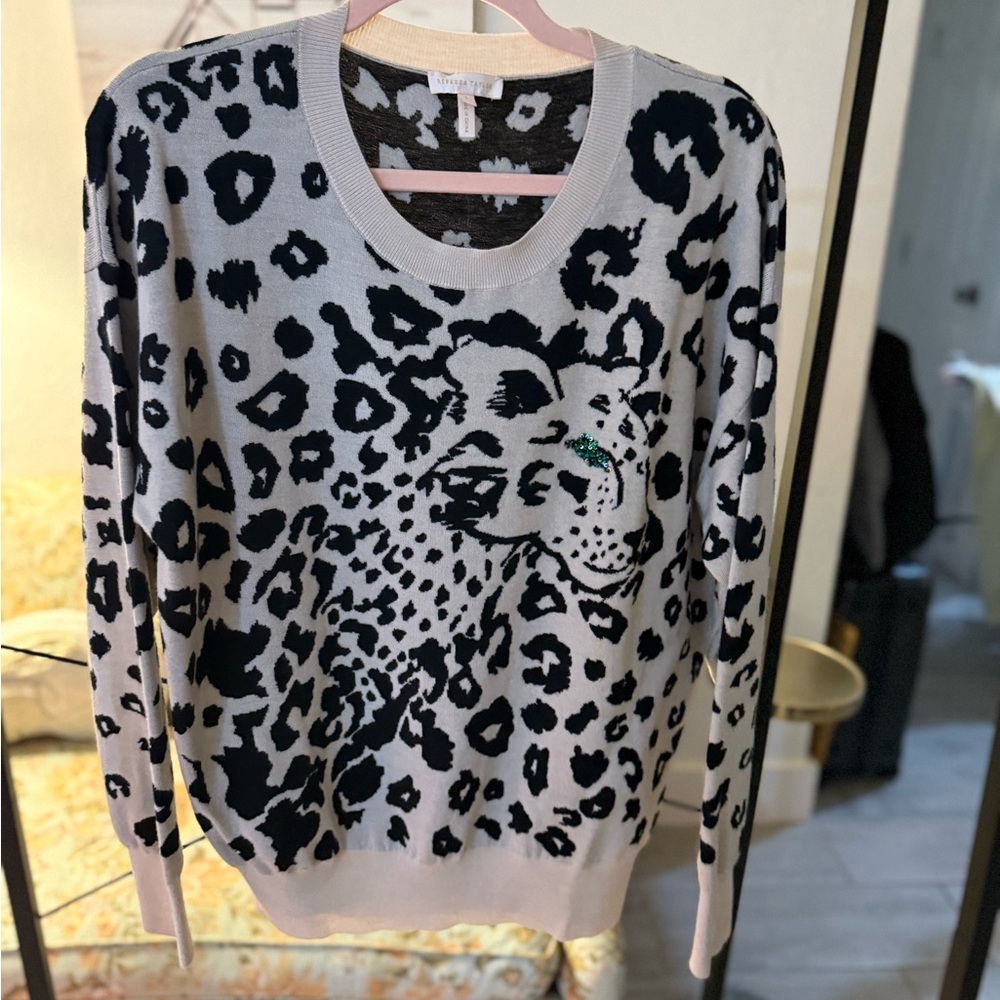 Rebecca Taylor Black and White Crew Neck Sweater with Bold Leopard Print